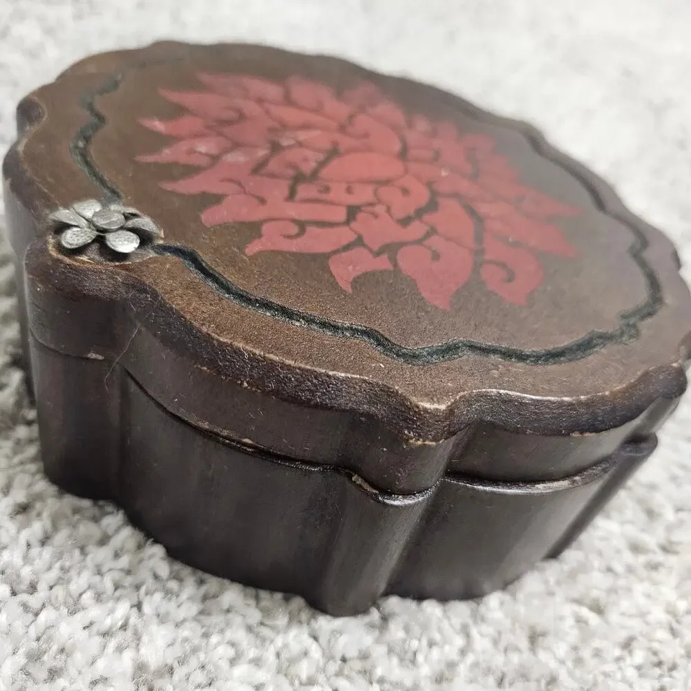Lucky Brand Wooden Trinket Box Hand Carved Red Floral Boho Jewelry Box India